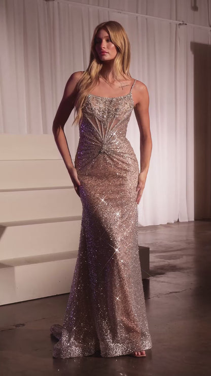 STEFANYA GOWN - FIT & FLARE SILVER NUDE SEQUIN & CRYSTAL GOWN