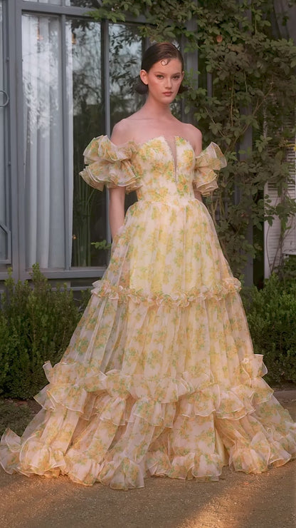 A1430 - STRAPLESS FLORAL PRINTED BALL GOWN - Andrea & Leo Couture