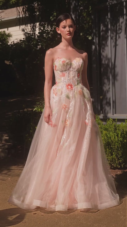 A1383 - Watercolor Floral A-line Gown - Andrea & Leo