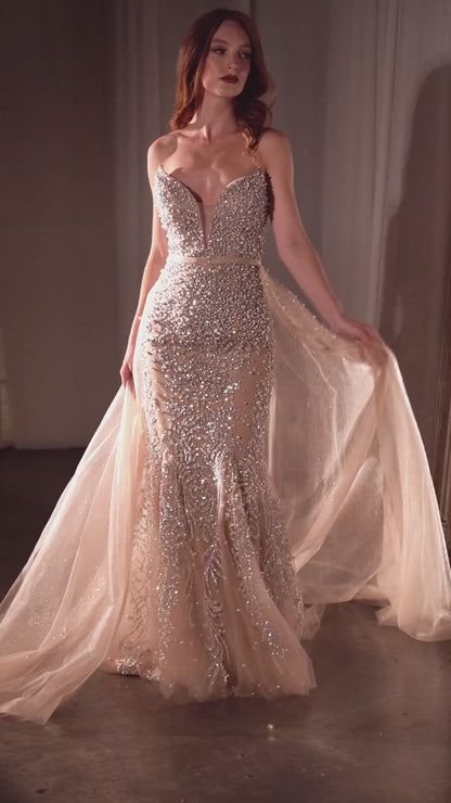 Roxana Gown - Strapless Crystal & Pearl-Embellished Gown with Overskirt