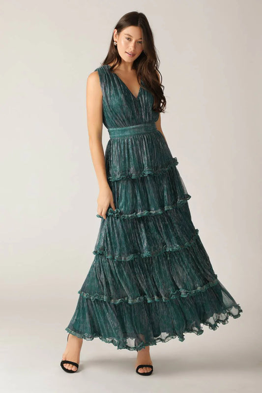 Size Medium, Radiant Spirit Woven Pleated Maxi Dress - Teal Green - FINAL SALE