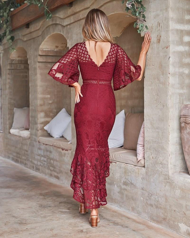 The Reyna Dress in red, red midi dress with flute sleeve by Two Sisters the Label