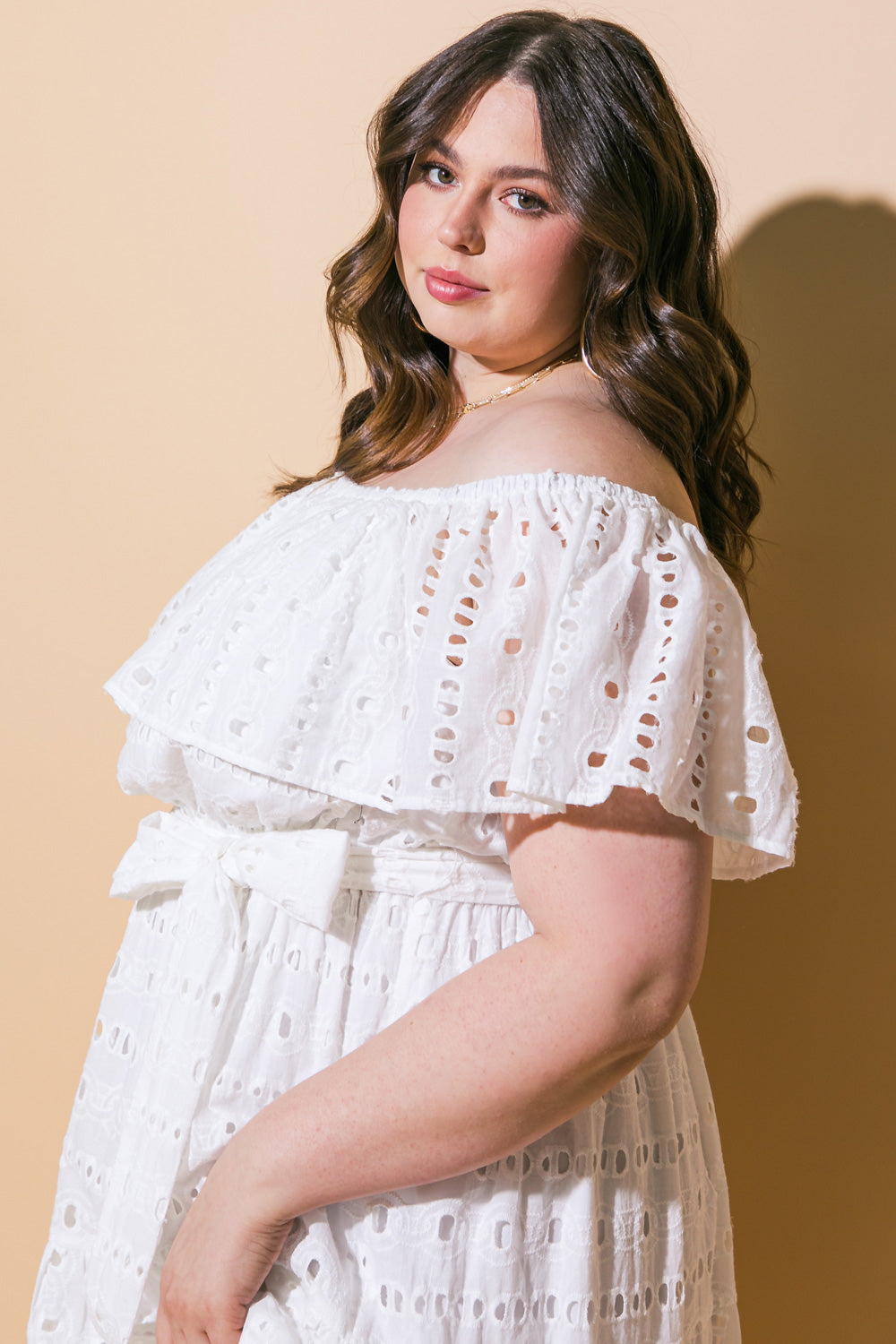 CATCHING MY BREATH EYELET MIDI DRESS