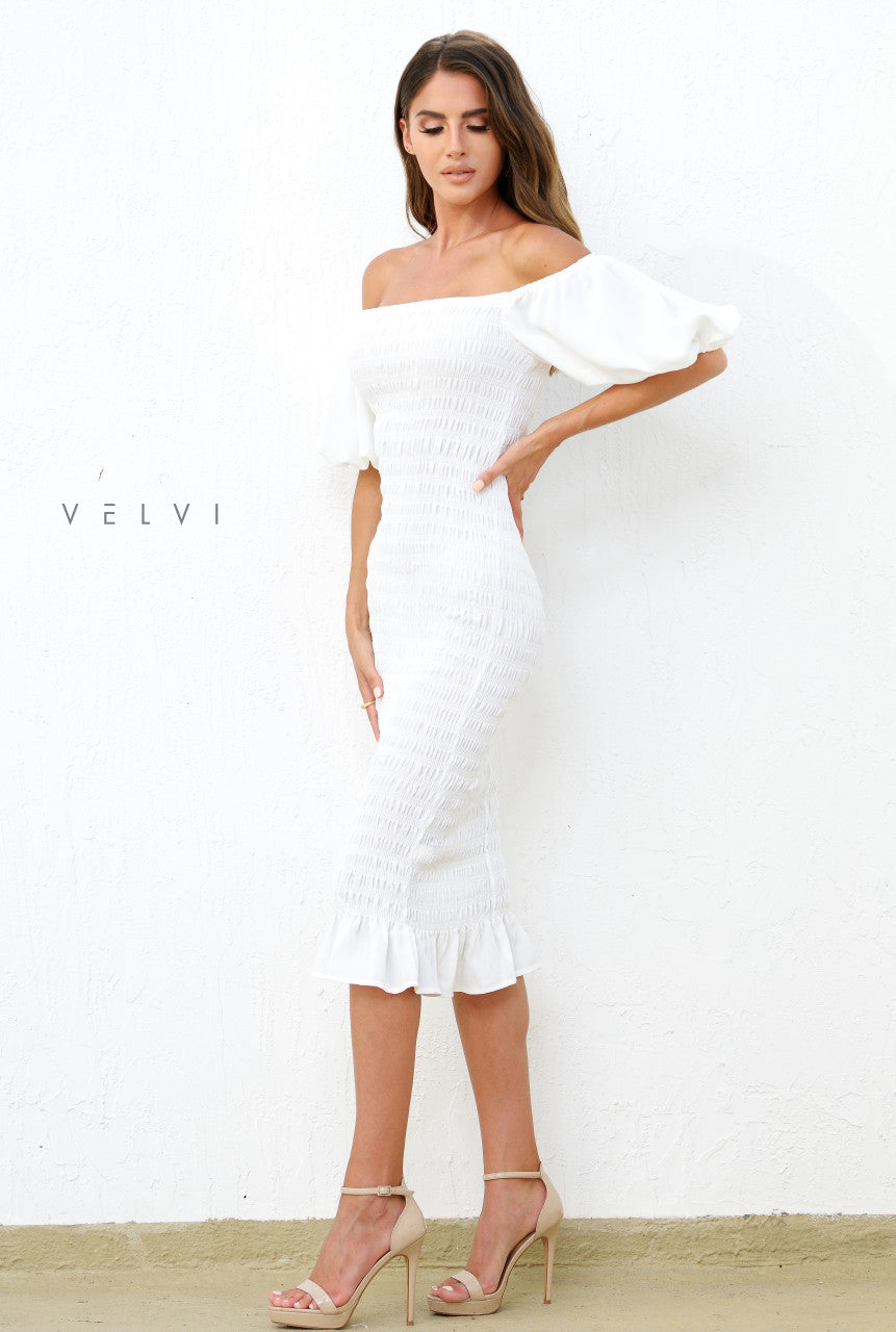 Skyla Shirred Midi Dress - WHITE - Velvi