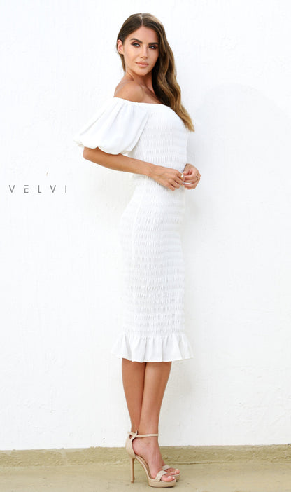 Skyla Shirred Midi Dress - WHITE - Velvi