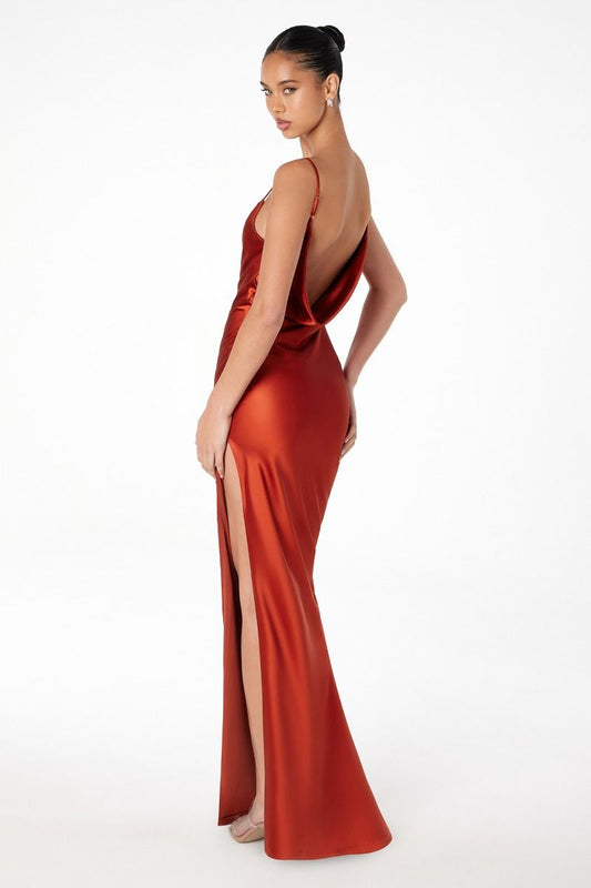 Lina Maxi Dress - Cowl Front Draped Back Fitted Satin Dress