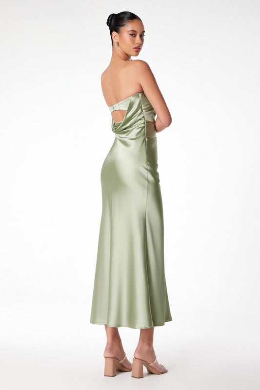 Ruthie Midi Dress - Strapless Draped Back Fitted Satin Dress